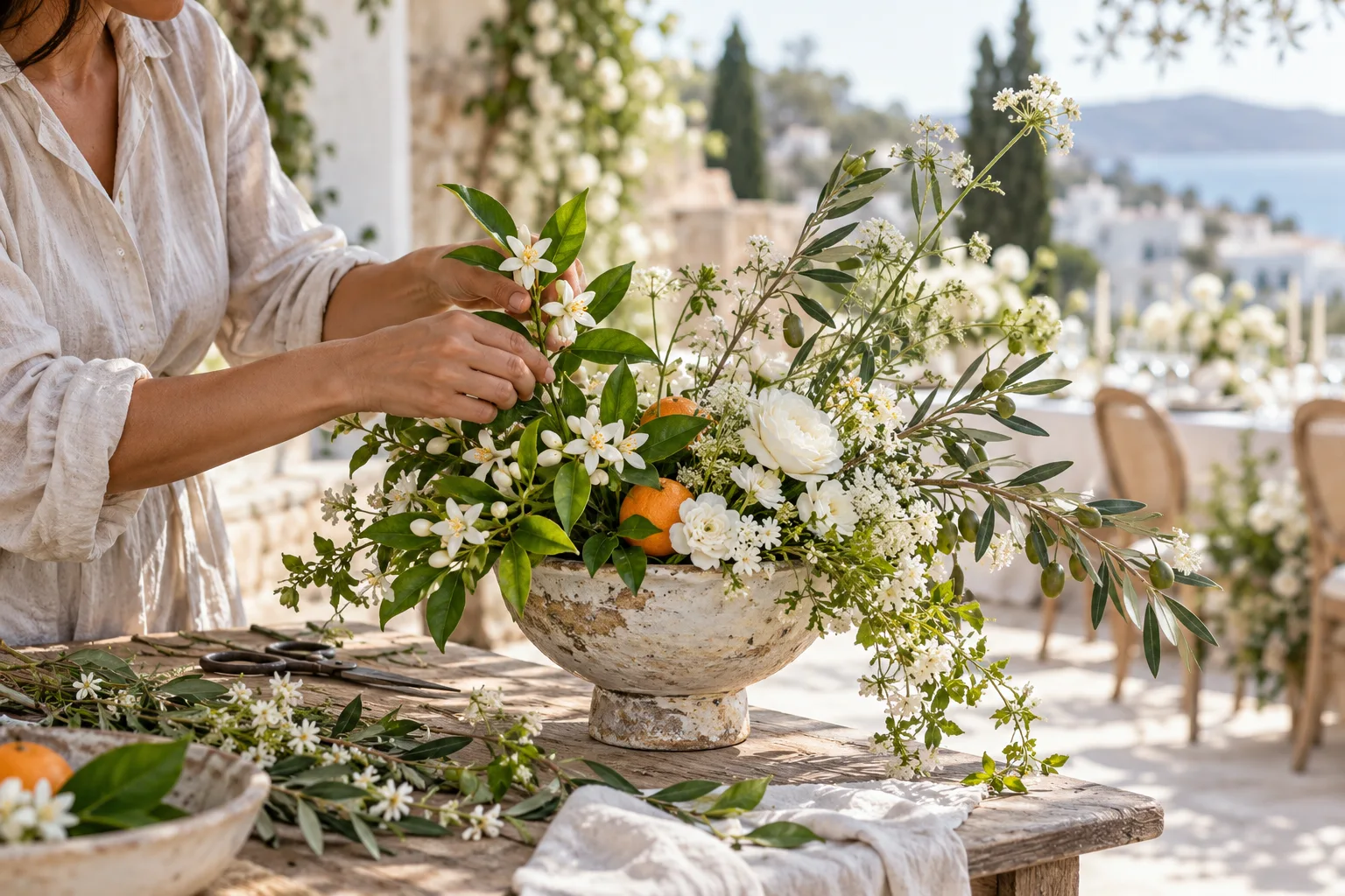 Une composition légère : branches, fleurs de saison et quelques touches d’agrume plutôt qu’un bouquet compact.