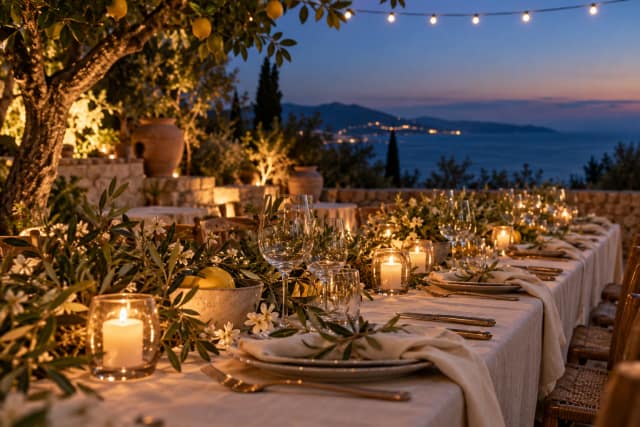 À la nuit tombée, quelques points lumineux bas et protégés suffisent à faire respirer la table.
