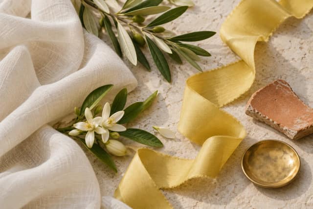 Ivoire, jaune citron doux, vert olive et une touche de terre cuite : la palette se compose d’abord en matières.