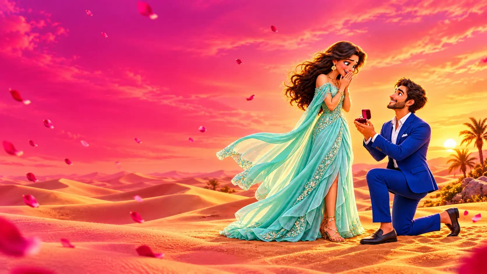 رجل يجثو على ركبته بين كثبان الصحراء ليطلب يد شريكته
